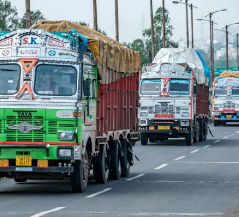 Daund, India - September 03 2023: Trucks on the move on the Daund to Ahmednagar highway, SH10 at Daund India.